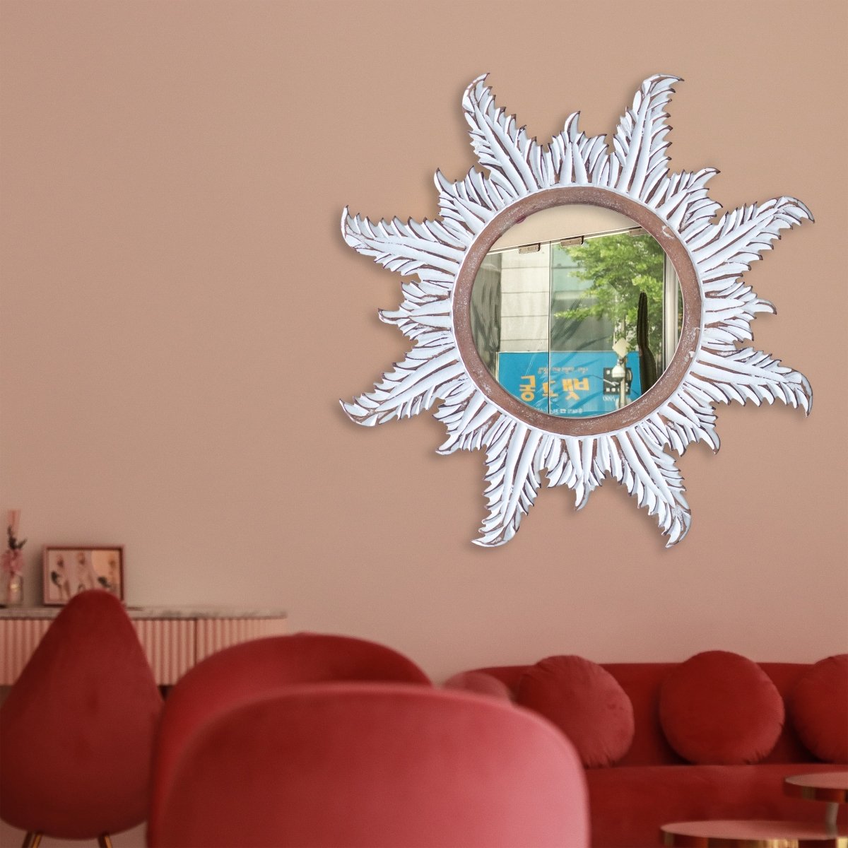 Kezevel Wooden Wall Hanging Mirror-Round White Brown Handcrafted Decorative Mirror for Living Room, Mirror Frame, Wall Mirror