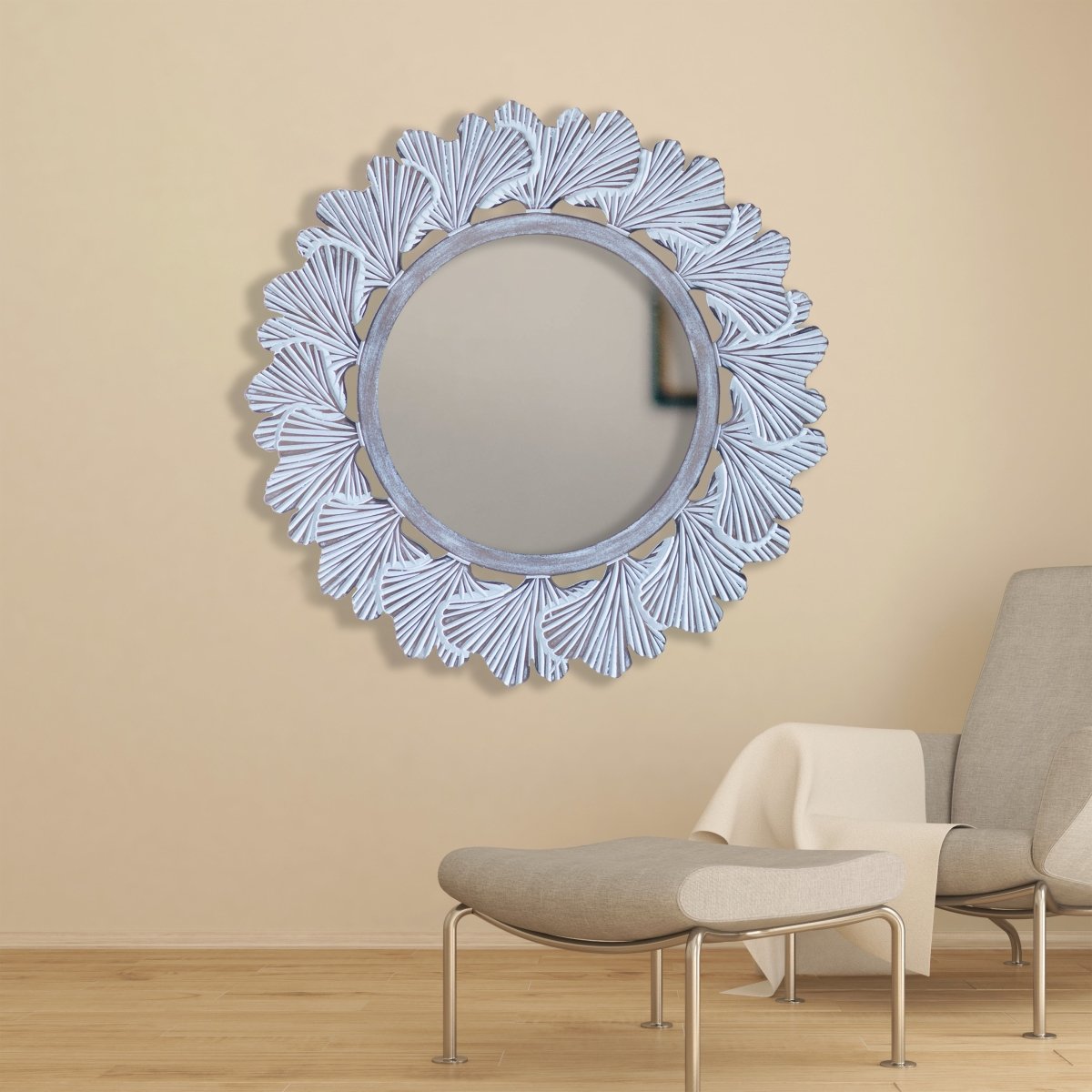Kezevel Wooden Wall Hanging Mirror-Round White Brown Handcrafted Decorative Mirror for Living Room, Mirror Frame, Wall Mirror