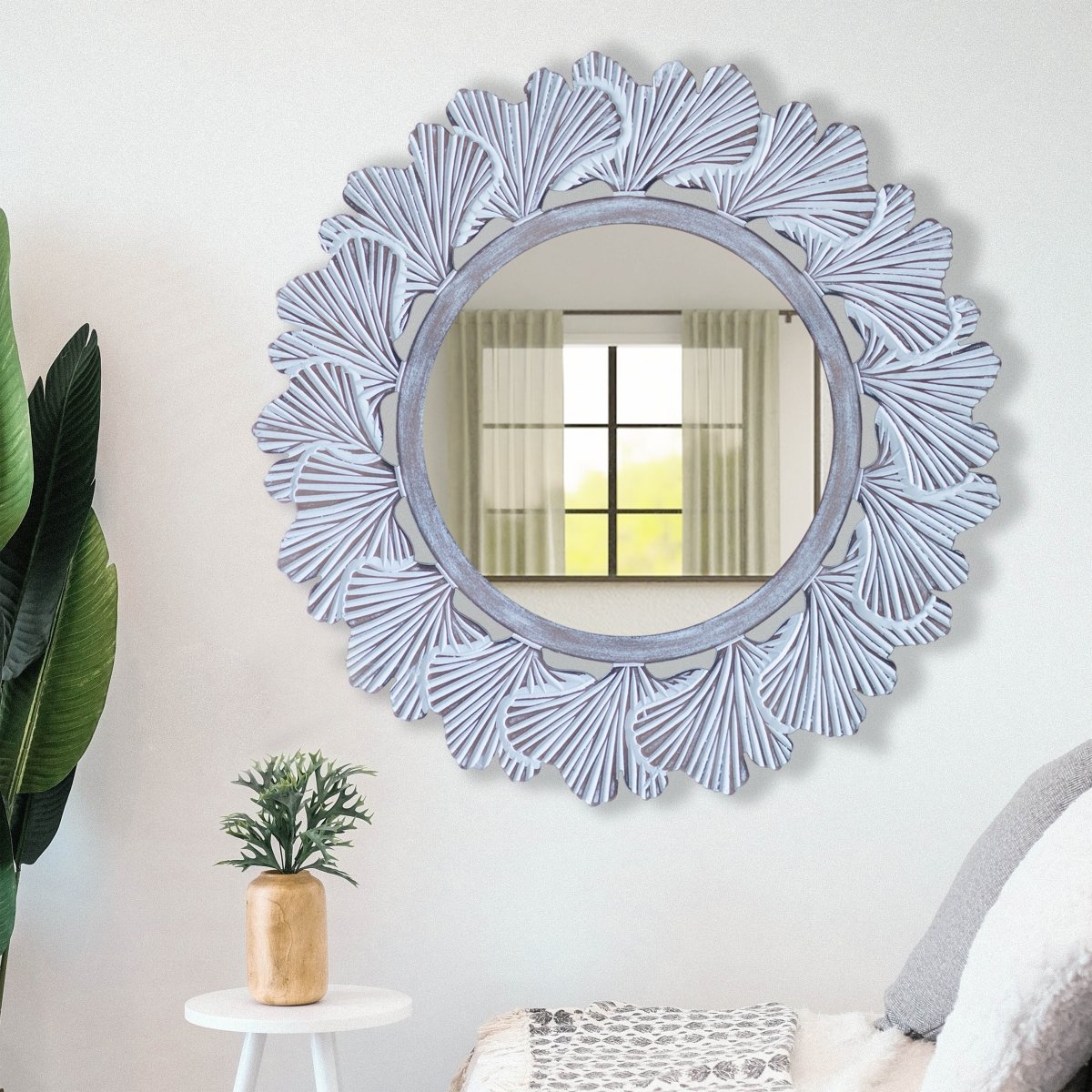 Kezevel Wooden Wall Hanging Mirror-Round White Brown Handcrafted Decorative Mirror for Living Room, Mirror Frame, Wall Mirror