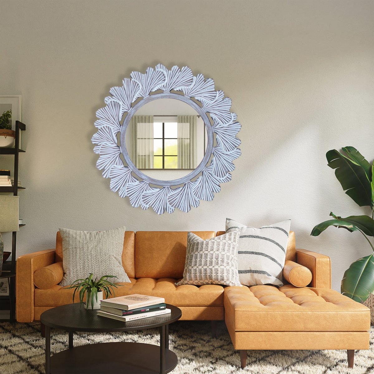 Kezevel Wooden Wall Hanging Mirror-Round White Brown Handcrafted Decorative Mirror for Living Room, Mirror Frame, Wall Mirror