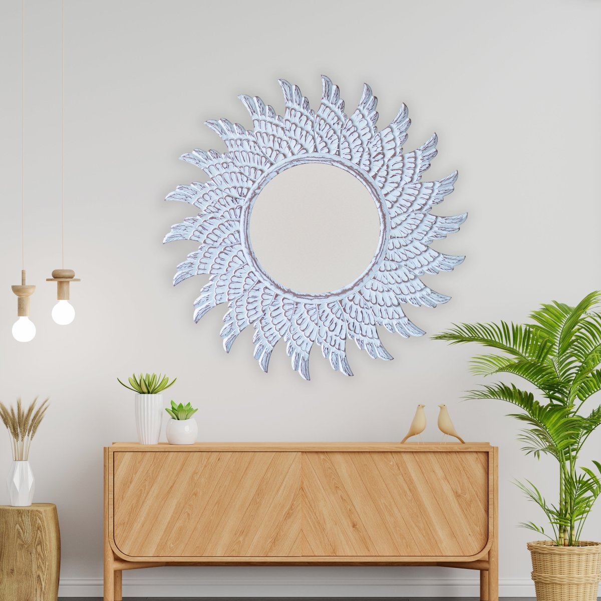 Kezevel Wooden Wall Hanging Mirror-Round White Brown Handcrafted Decorative Mirror for Living Room Mirror Frame, Wall Mirror