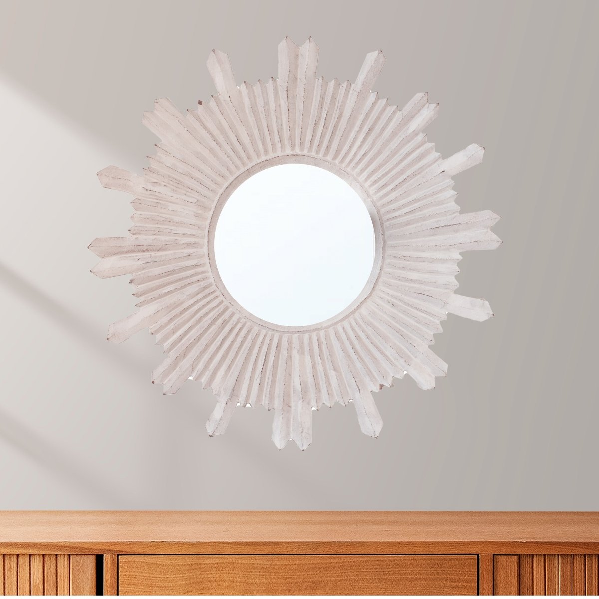 Kezevel Wooden Wall Hanging Mirror - Round Whitewashed Handcrafted Mirrors for Living Room Home Decor, Wall Showpiece