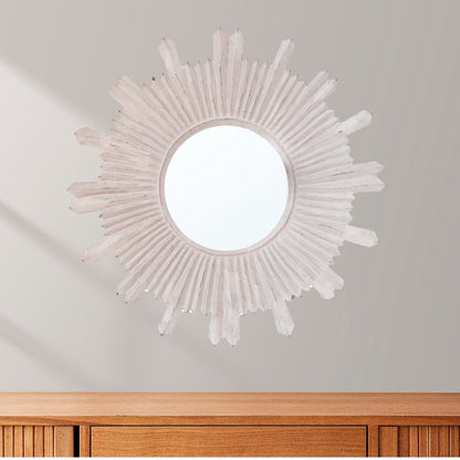 Kezevel Wooden Wall Hanging Mirror - Round Whitewashed Handcrafted Mirrors for Living Room Home Decor, Wall Showpiece