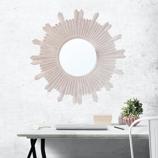 Kezevel Wooden Wall Hanging Mirror - Round Whitewashed Handcrafted Mirrors for Living Room Home Decor, Wall Showpiece