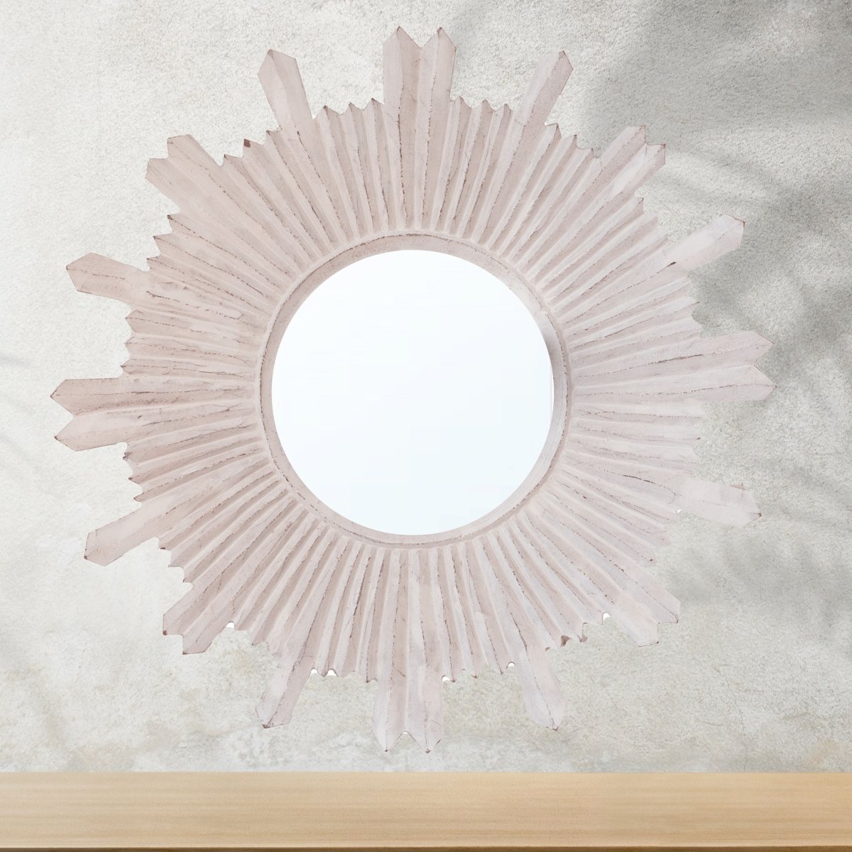 Kezevel Wooden Wall Hanging Mirror - Round Whitewashed Handcrafted Mirrors for Living Room Home Decor, Wall Showpiece