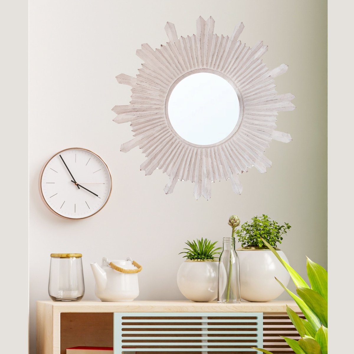 Kezevel Wooden Wall Hanging Mirror - Round Whitewashed Handcrafted Mirrors for Living Room Home Decor, Wall Showpiece