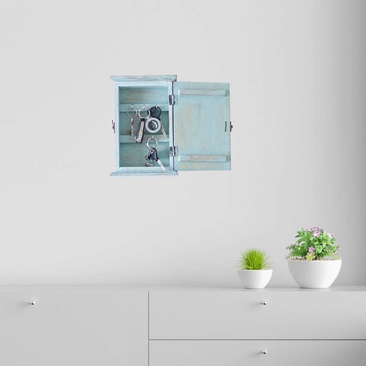 Kezevel Wooden Wall Mounted Key Holder Box - Washed Blue and Brown Handcrafted 5 Hook Key Holder for Wall, Wall Key Holder
