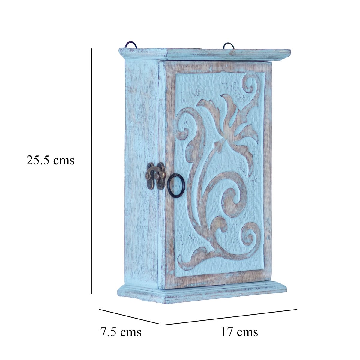 Kezevel Wooden Wall Mounted Key Holder Box - Washed Blue and Brown Handcrafted 5 Hook Key Holder for Wall, Wall Key Holder