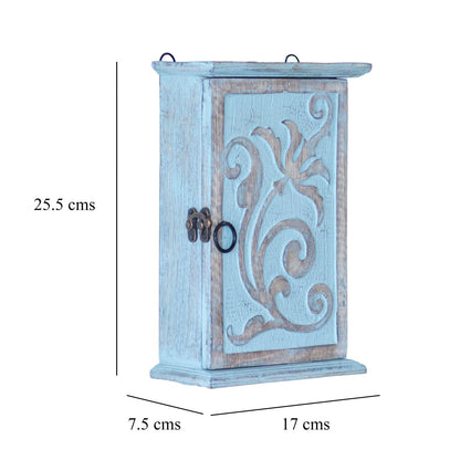 Kezevel Wooden Wall Mounted Key Holder Box - Washed Blue and Brown Handcrafted 5 Hook Key Holder for Wall, Wall Key Holder