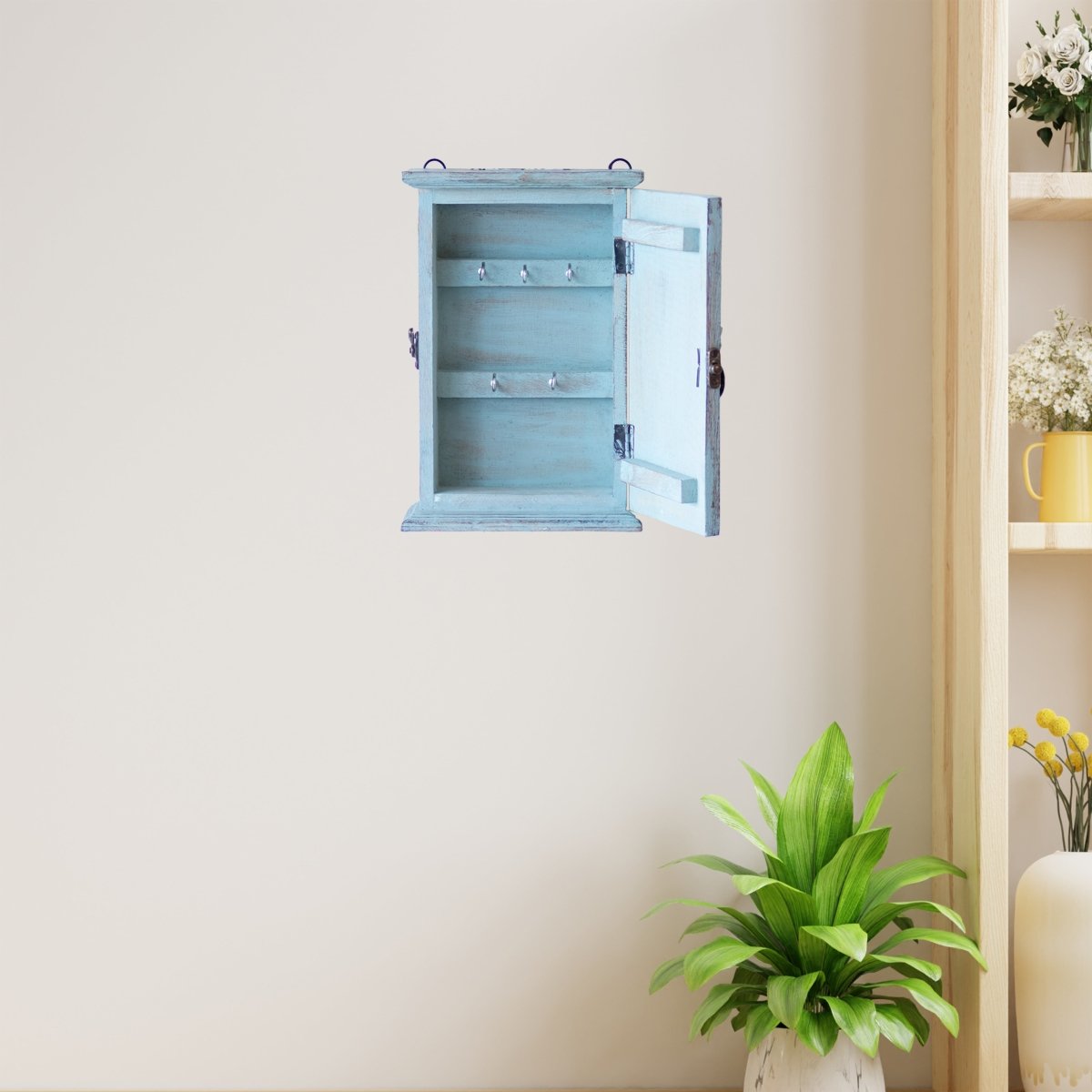Kezevel Wooden Wall Mounted Key Holder Box - Washed Blue and Brown Handcrafted 5 Hook Key Holder for Wall, Wall Key Holder