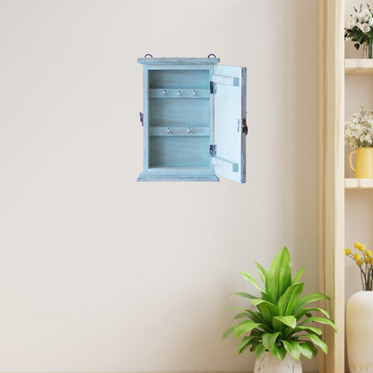 Kezevel Wooden Wall Mounted Key Holder Box - Washed Blue and Brown Handcrafted 5 Hook Key Holder for Wall, Wall Key Holder