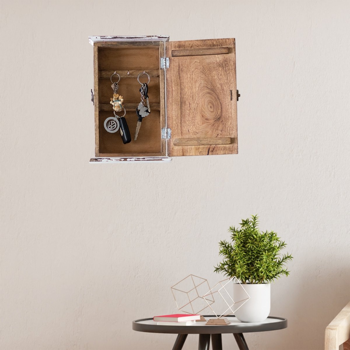 Kezevel Wooden Wall Mounted Key Holder Box - White, Gold, Grey Handcrafted Distressed Finish 5 Hook Key Holder for Wall