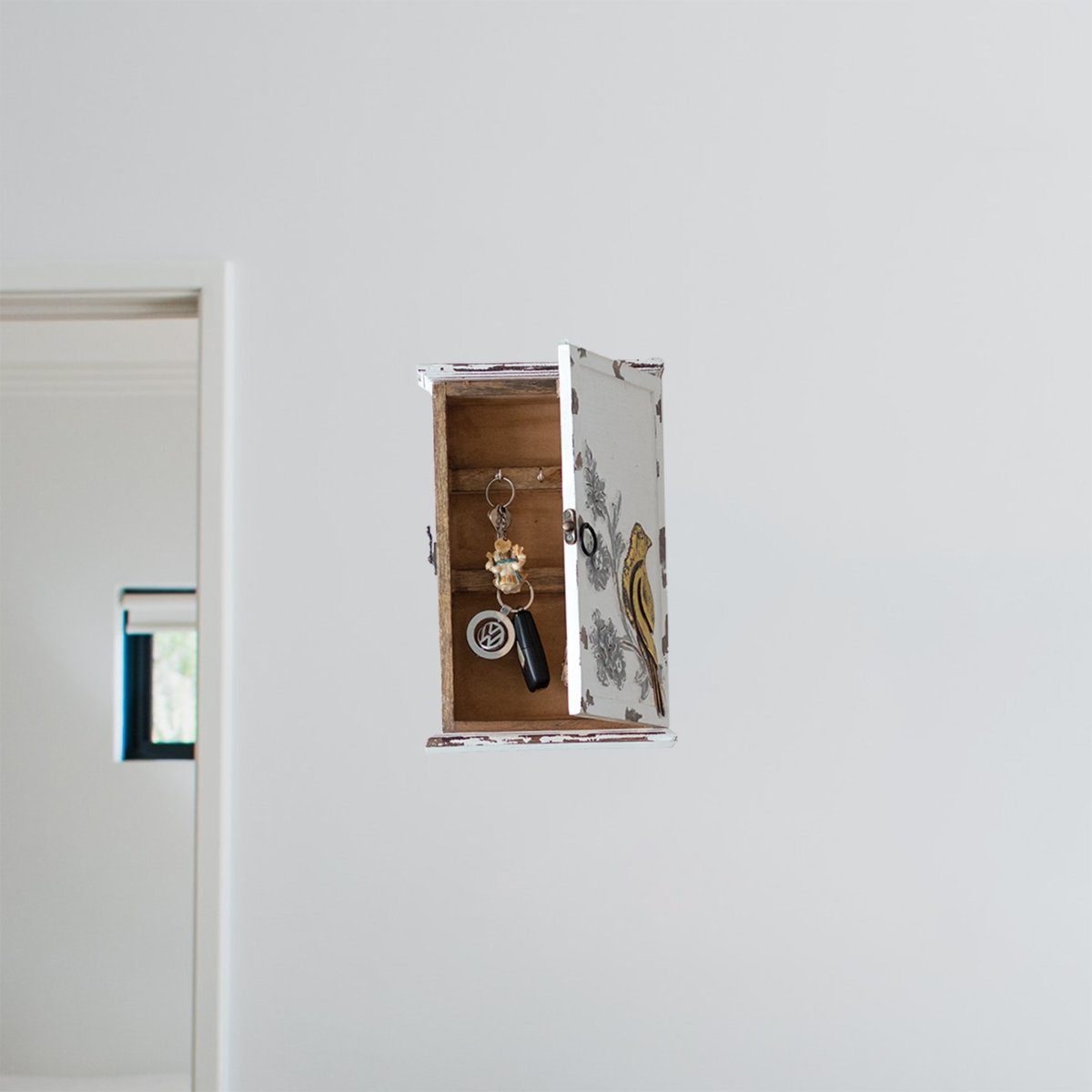 Kezevel Wooden Wall Mounted Key Holder Box - White, Gold, Grey Handcrafted Distressed Finish 5 Hook Key Holder for Wall