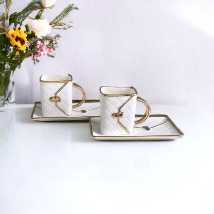 Kezevel Porcelain Cup with Saucer - Set of 2 White Golden Unique 220 ML Cups with 2 Saucers, Serves as Tea Cups, Coffee Cups, Tea Mugs, Coffee Mugs - Kezevel
