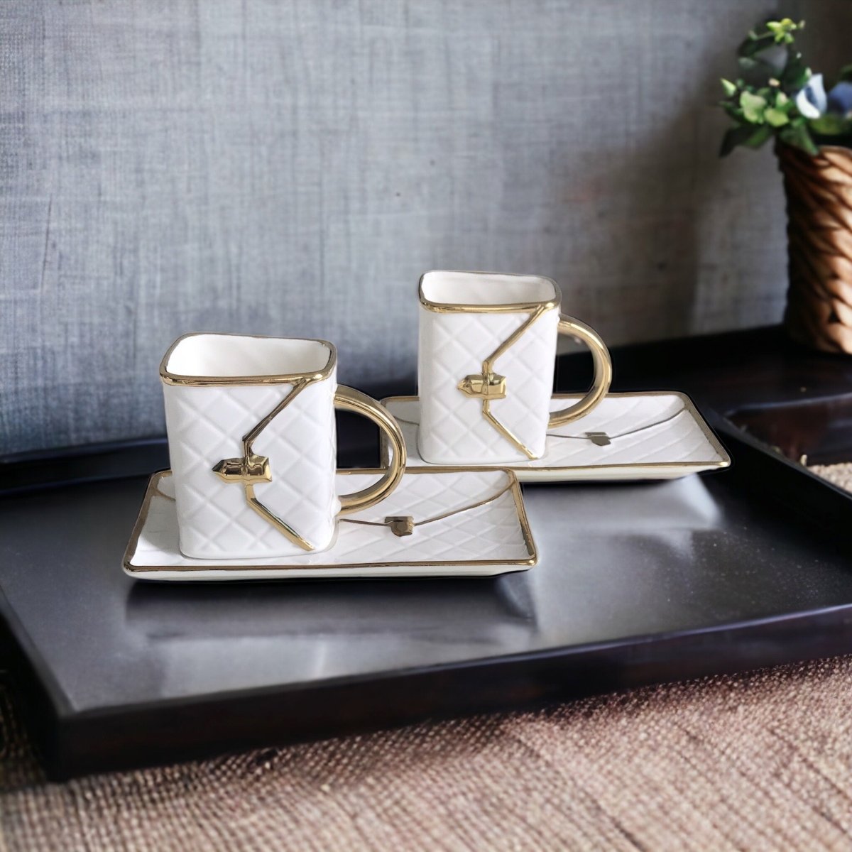 Kezevel Porcelain Cup with Saucer - Set of 2 White Golden Unique 220 ML Cups with 2 Saucers, Serves as Tea Cups, Coffee Cups, Tea Mugs, Coffee Mugs - Kezevel