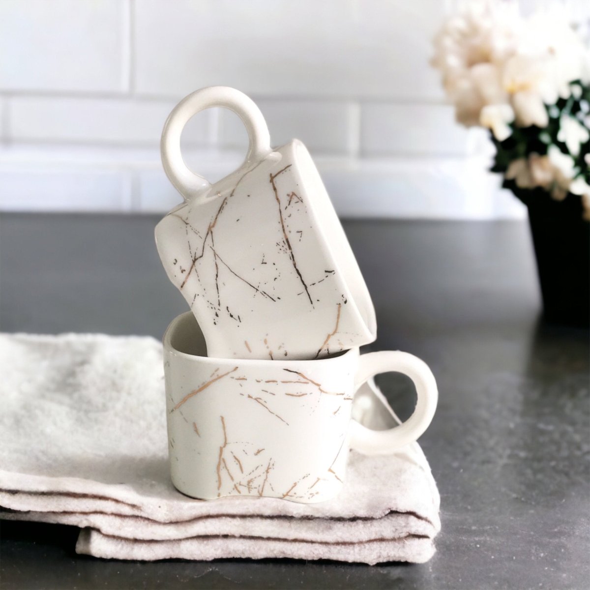 Porcelain Cups White and Gold Marble Finish - Elegant Square Shaped 6 Pcs Cup Set Serves as Tea Cups, Coffee Cups - Kezevel