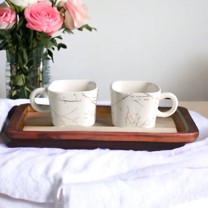 Porcelain Cups White and Gold Marble Finish - Elegant Square Shaped 6 Pcs Cup Set Serves as Tea Cups, Coffee Cups - Kezevel