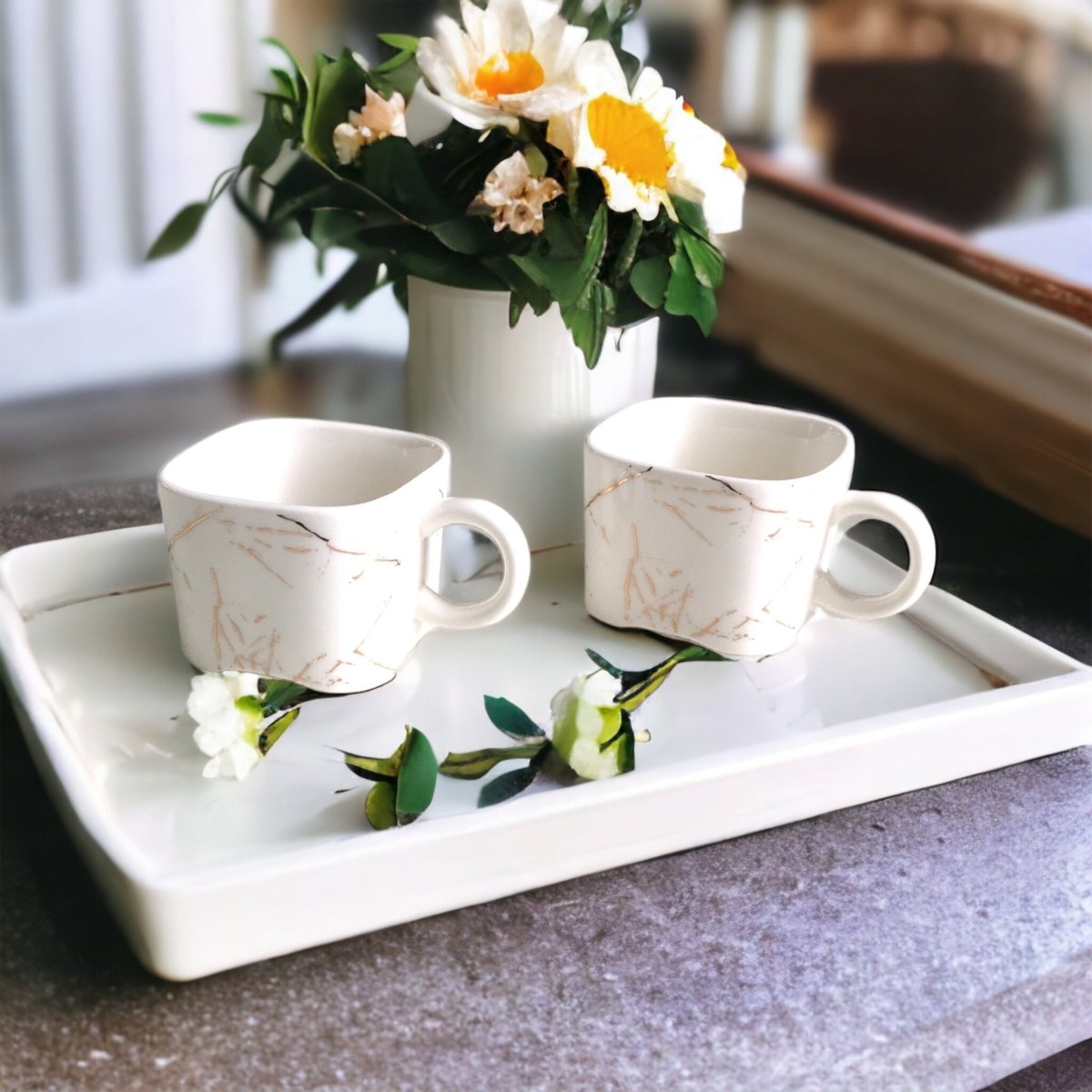 Porcelain Cups White and Gold Marble Finish - Elegant Square Shaped 6 Pcs Cup Set Serves as Tea Cups, Coffee Cups - Kezevel