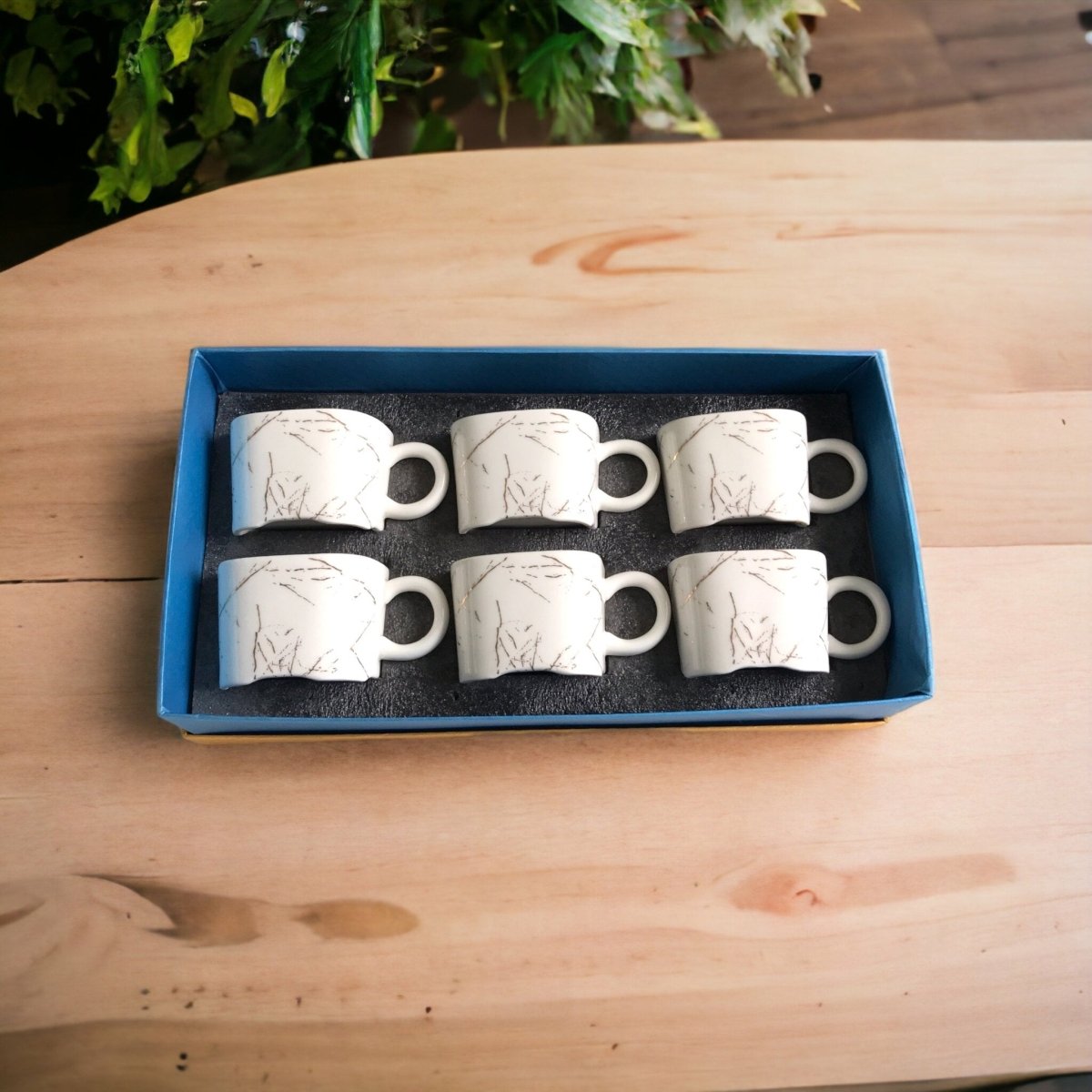 Porcelain Cups White and Gold Marble Finish - Elegant Square Shaped 6 Pcs Cup Set Serves as Tea Cups, Coffee Cups - Kezevel