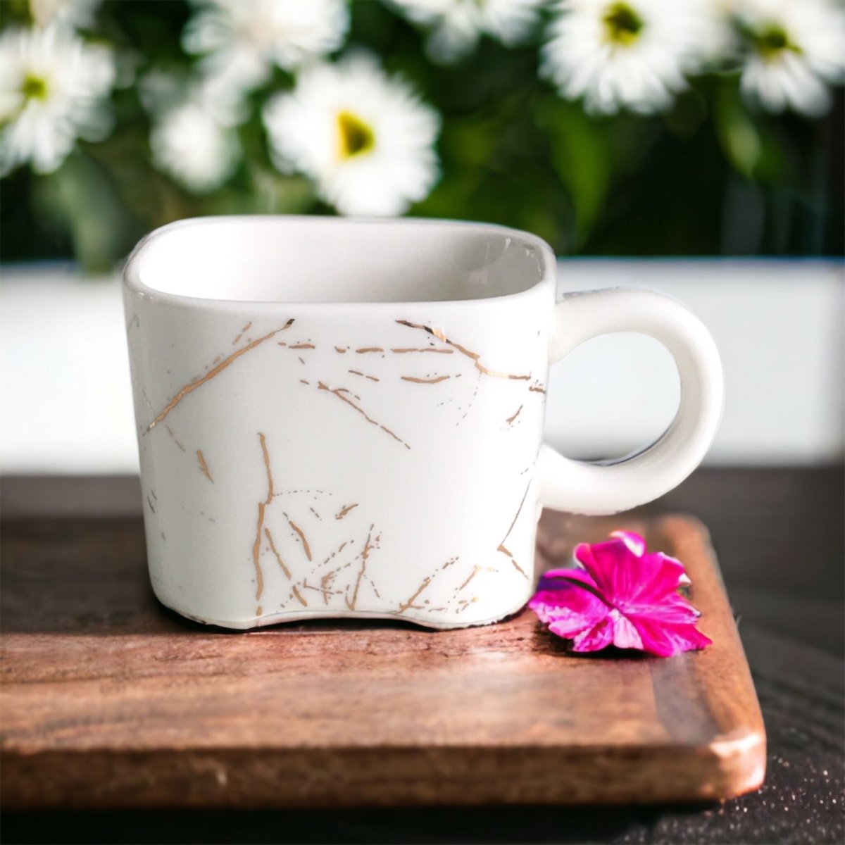 Porcelain Cups White and Gold Marble Finish - Elegant Square Shaped 6 Pcs Cup Set Serves as Tea Cups, Coffee Cups - Kezevel