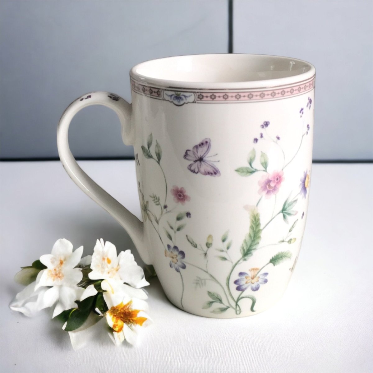 Kezevel Porcelain Large Mugs White - Set of 2 Floral Printed 330 ML Mugs, Serves as Tea Cups, Coffee Cups, Tea Mugs, Coffee Mugs - Kezevel