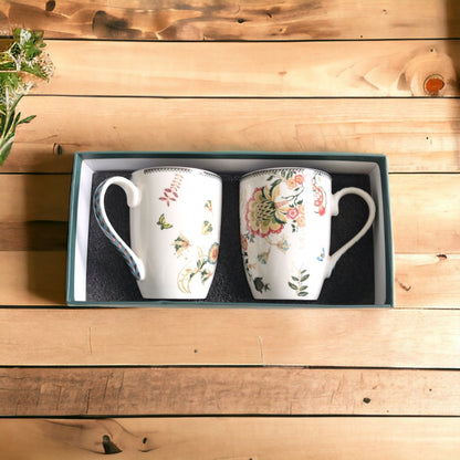 Porcelain Large Mugs White - Set of 2 Exquisite Floral Printed  330 ML Mugs, Serves as Tea Cups, Coffee Cups, Tea Mugs, Coffee Mugs