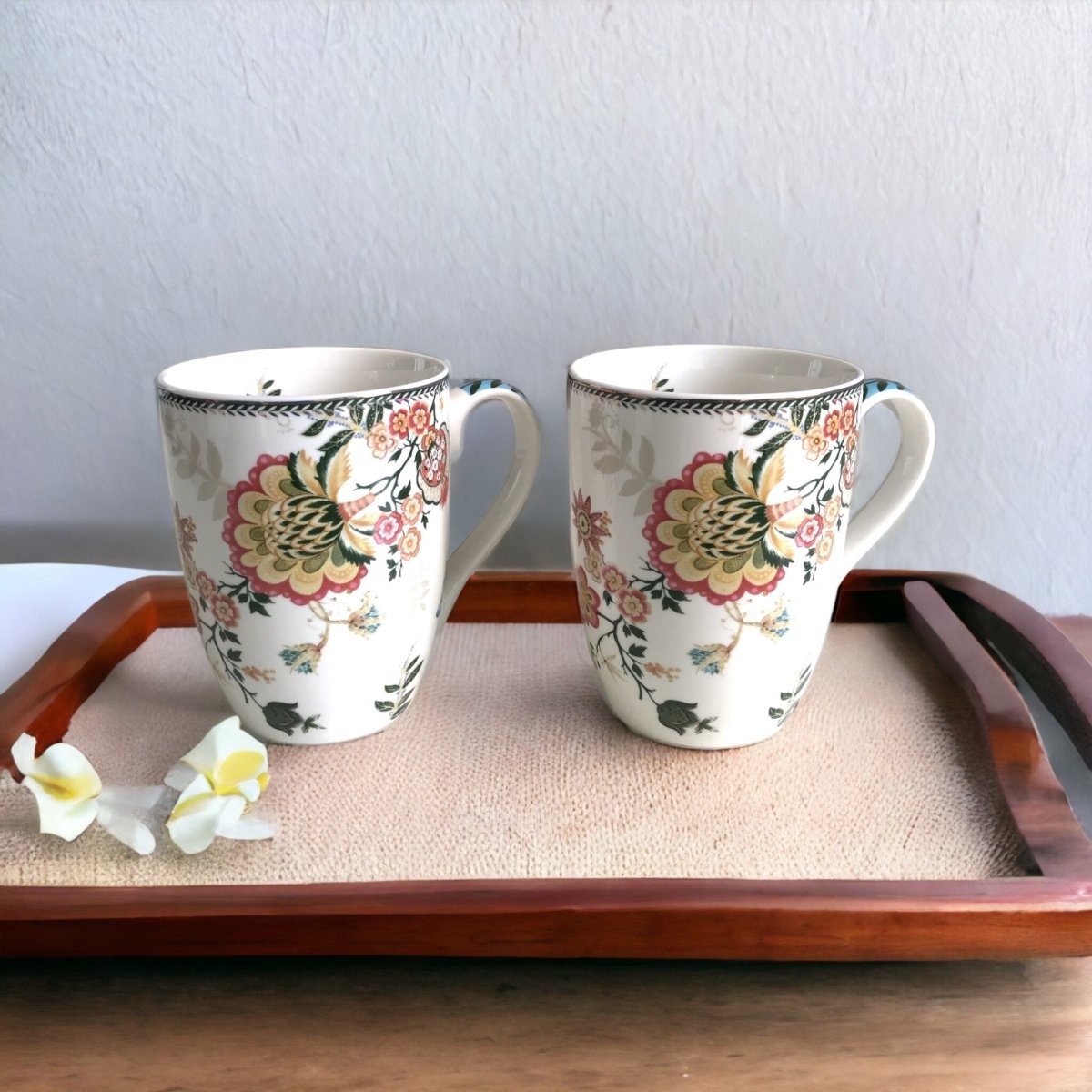 Kezevel Porcelain Large Mugs White - Set of 2 Exquisite Floral Printed 330 ML Mugs, Serves as Tea Cups, Coffee Cups, Tea Mugs, Coffee Mugs - Kezevel
