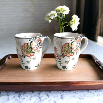 Kezevel Porcelain Large Mugs White - Set of 2 Exquisite Floral Printed 330 ML Mugs, Serves as Tea Cups, Coffee Cups, Tea Mugs, Coffee Mugs - Kezevel