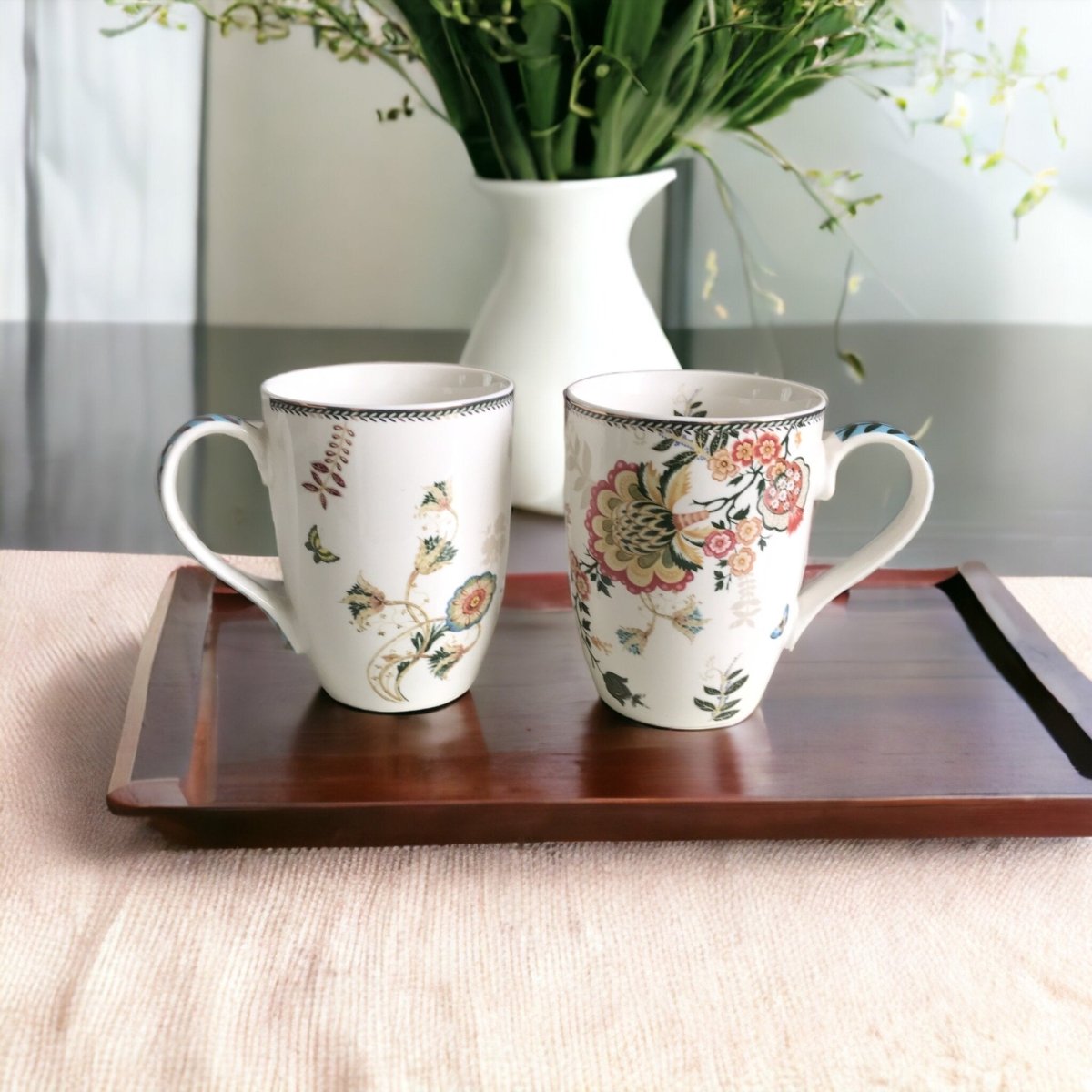 Kezevel Porcelain Large Mugs White - Set of 2 Exquisite Floral Printed 330 ML Mugs, Serves as Tea Cups, Coffee Cups, Tea Mugs, Coffee Mugs - Kezevel