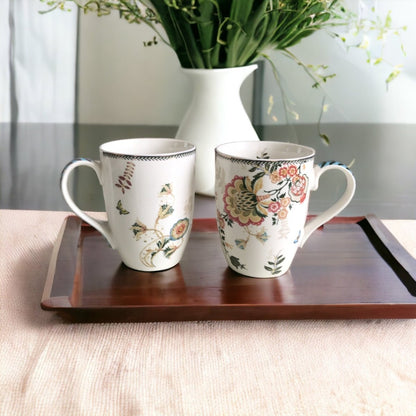 Kezevel Porcelain Large Mugs White - Set of 2 Exquisite Floral Printed 330 ML Mugs, Serves as Tea Cups, Coffee Cups, Tea Mugs, Coffee Mugs - Kezevel