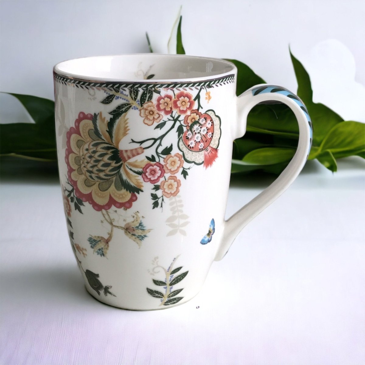 Kezevel Porcelain Large Mugs White - Set of 2 Exquisite Floral Printed 330 ML Mugs, Serves as Tea Cups, Coffee Cups, Tea Mugs, Coffee Mugs - Kezevel