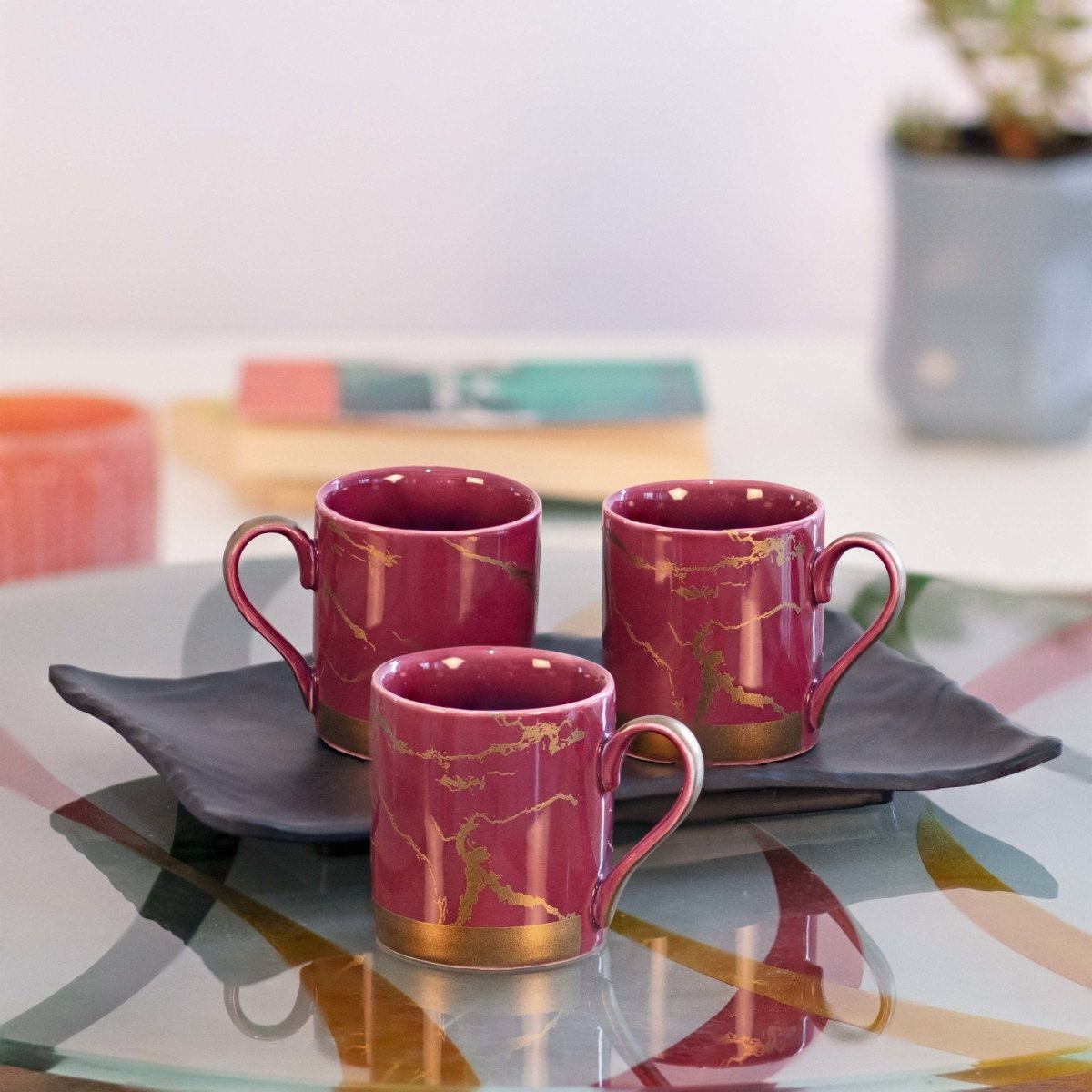 Bone China Shine Amarnath Matt Gold Marble - 6 Pcs Mug Set Serves as Tea Cups, Coffee Cups, Tea Mugs, Coffee Mugs - Kezevel