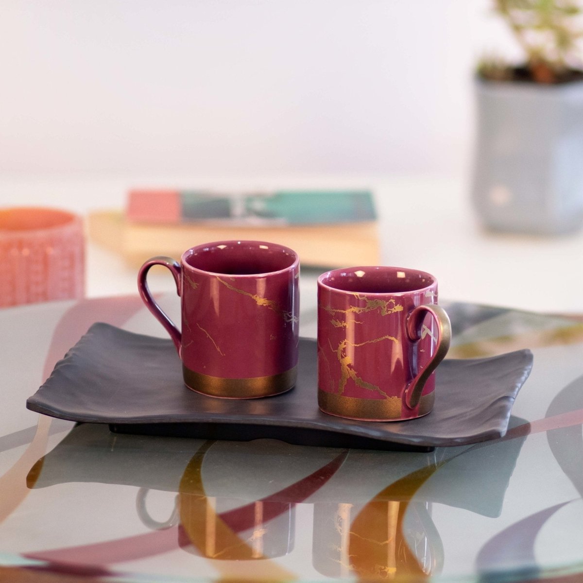 Bone China Shine Amarnath Matt Gold Marble - 6 Pcs Mug Set Serves as Tea Cups, Coffee Cups, Tea Mugs, Coffee Mugs - Kezevel