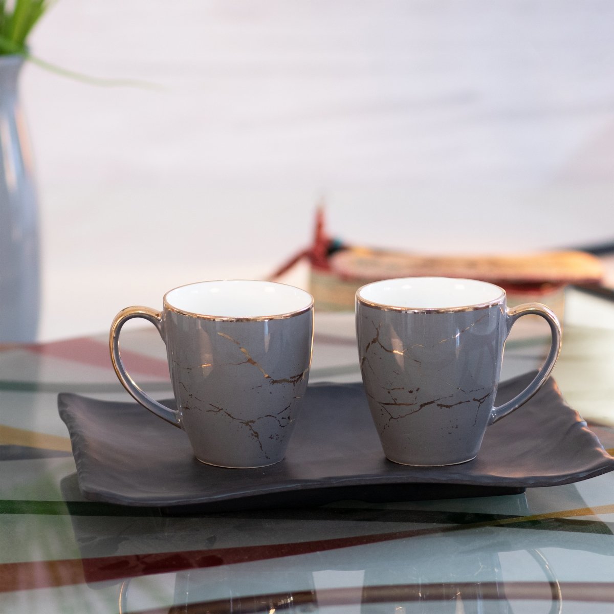 Premium Porcelain Grey and Gold Marble Finish - 6 Pcs Mug Set Serves as Tea Cups, Coffee Cups, Tea Mugs, Coffee Mugs